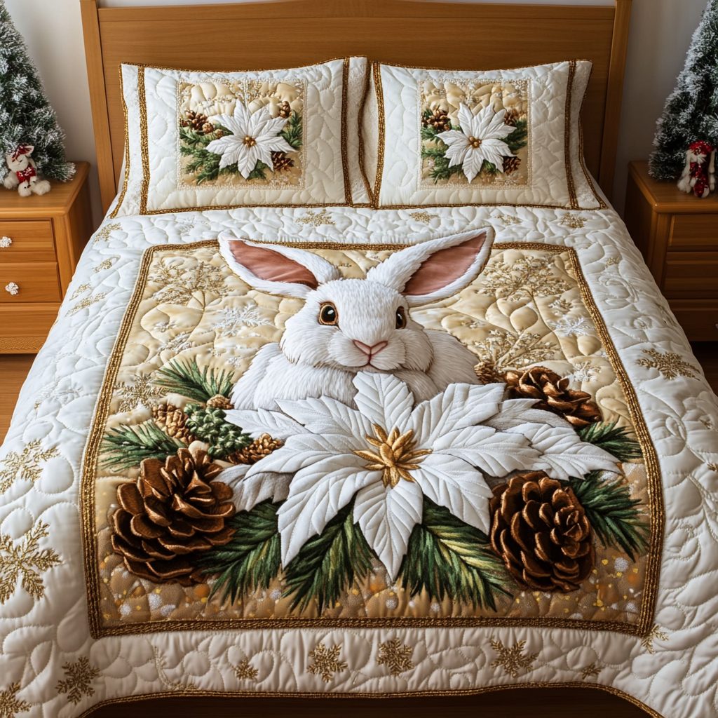 Winter Rabbit Charm quilted 3-piece bedding set on a made bed in a winter-styled bedroom