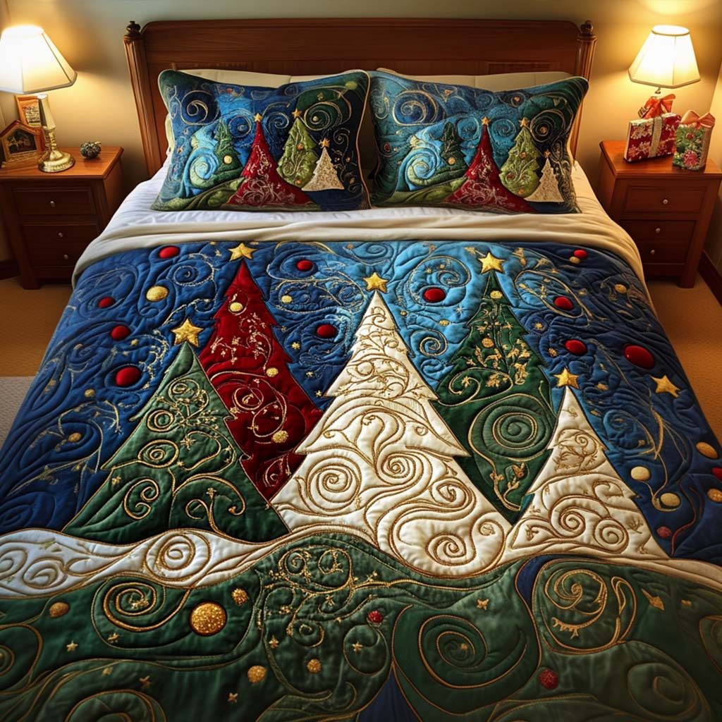 Winter Radiant Charm quilted 3-piece bedding set on a made bed in a winter-styled bedroom