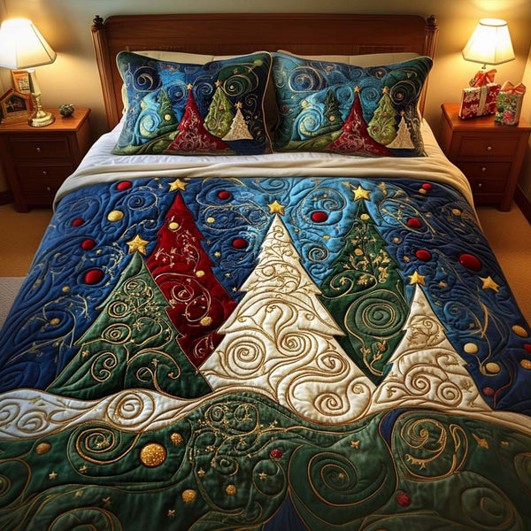 Winter Radiant Charm quilted 3-piece bedding set on a made bed in a winter-styled bedroom