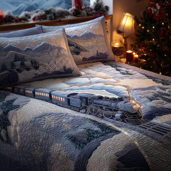 Winter Rail Ride quilted 3-piece bedding set on a made bed in a winter-styled bedroom