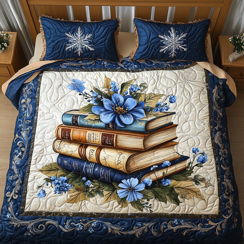 Winter Reading Bliss quilted 3-piece bedding set on a made bed in a winter-styled bedroom