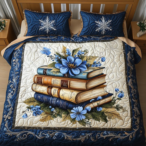 Winter Reading Bliss quilted 3-piece bedding set on a made bed in a winter-styled bedroom