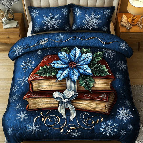Winter Reading Retreat quilted 3-piece bedding set on a made bed in a winter-styled bedroom
