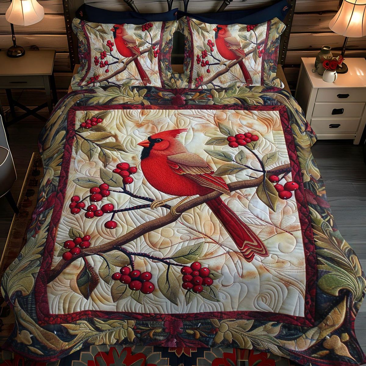 Winter Red Cardinal quilted 3-piece bedding set on a made bed in a winter-styled bedroom