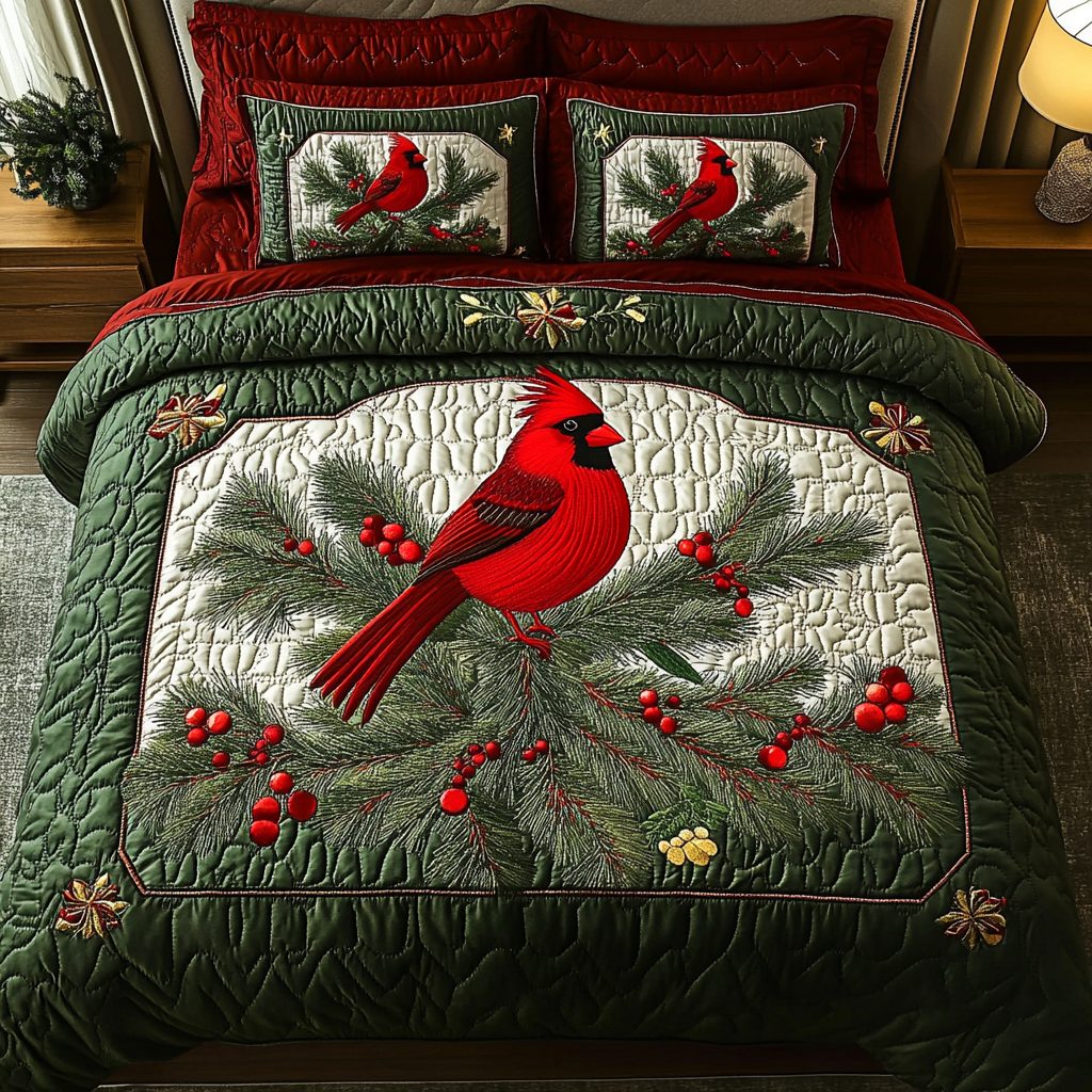 Winter Red Elegance quilted 3-piece bedding set on a made bed in a winter-styled bedroom