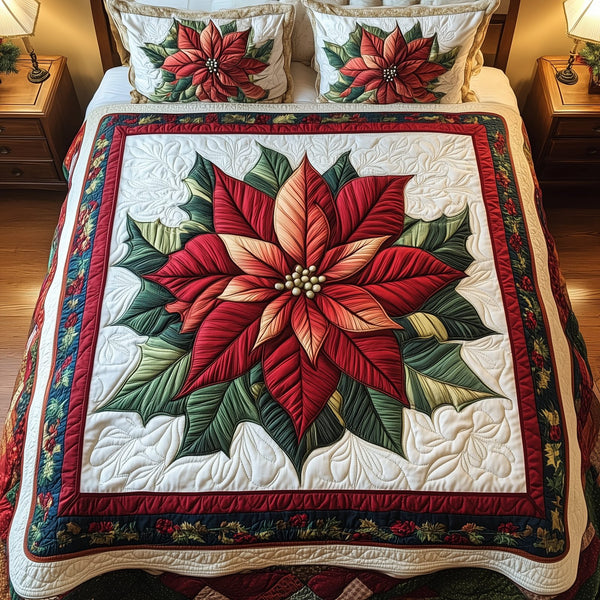 Winter Red quilted 3-piece bedding set on a made bed in a winter-styled bedroom