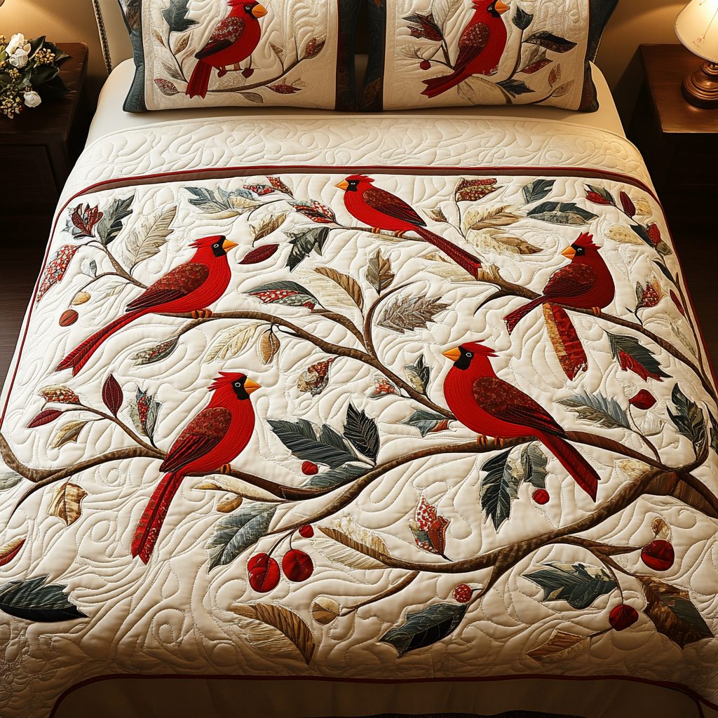 Winter Redbirds quilted 3-piece bedding set on a made bed in a winter-styled bedroom
