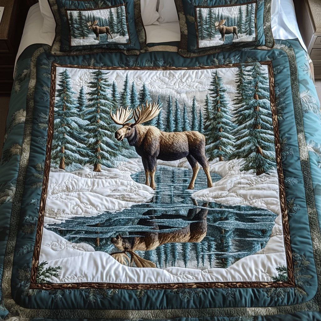 Winter Reflection quilted 3-piece bedding set on a made bed in a winter-styled bedroom