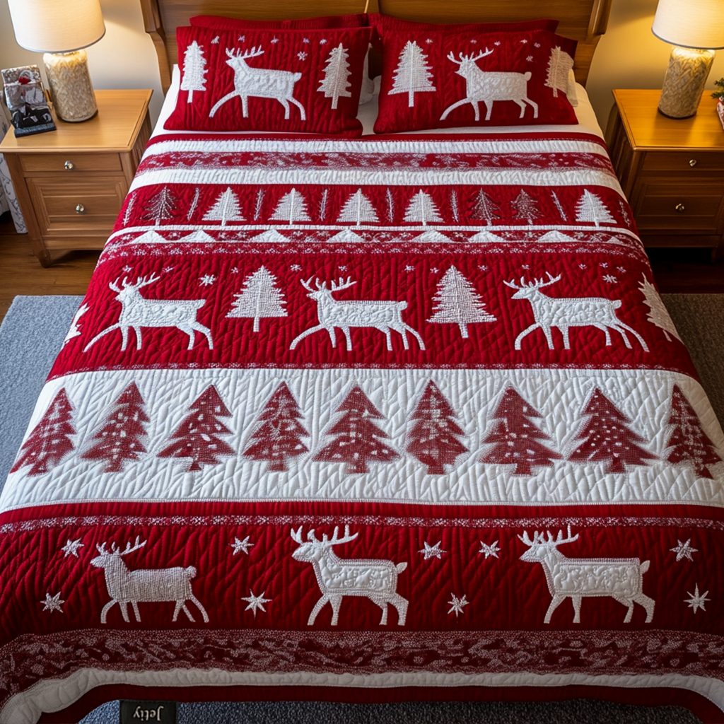 Winter Reindeer quilted 3-piece bedding set on a made bed in a winter-styled bedroom