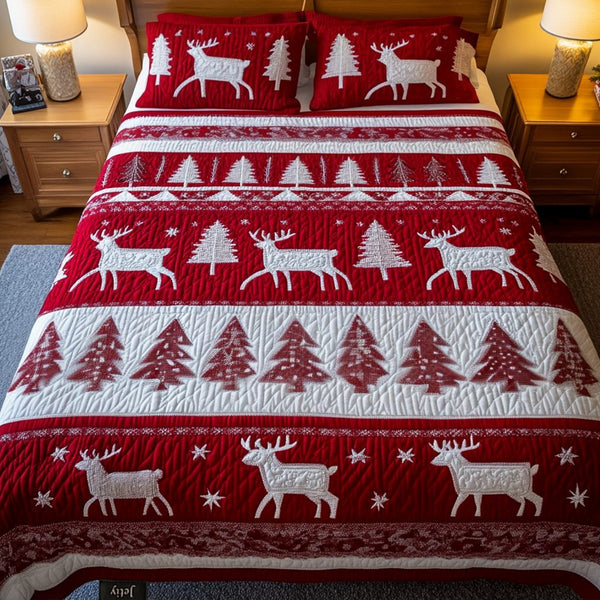 Winter Reindeer quilted 3-piece bedding set on a made bed in a winter-styled bedroom