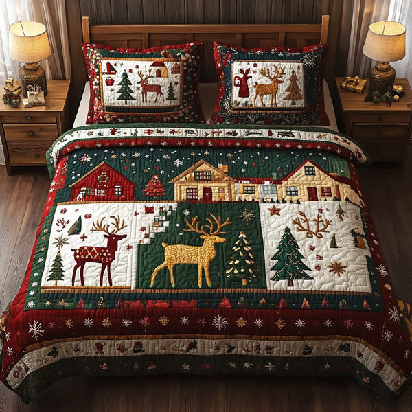 Winter Reindeer quilted 3-piece bedding set on a made bed in a winter-styled bedroom