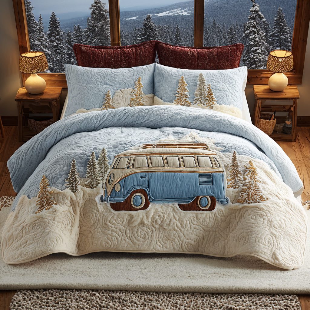 Winter Retreat quilted 3-piece bedding set on a made bed in a winter-styled bedroom
