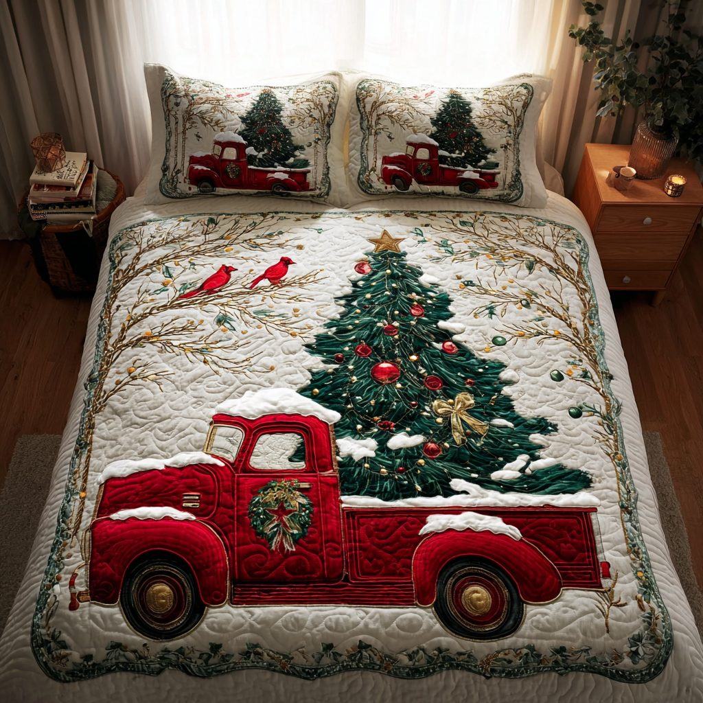 Winter Ride quilted 3-piece bedding set on a made bed in a winter-styled bedroom