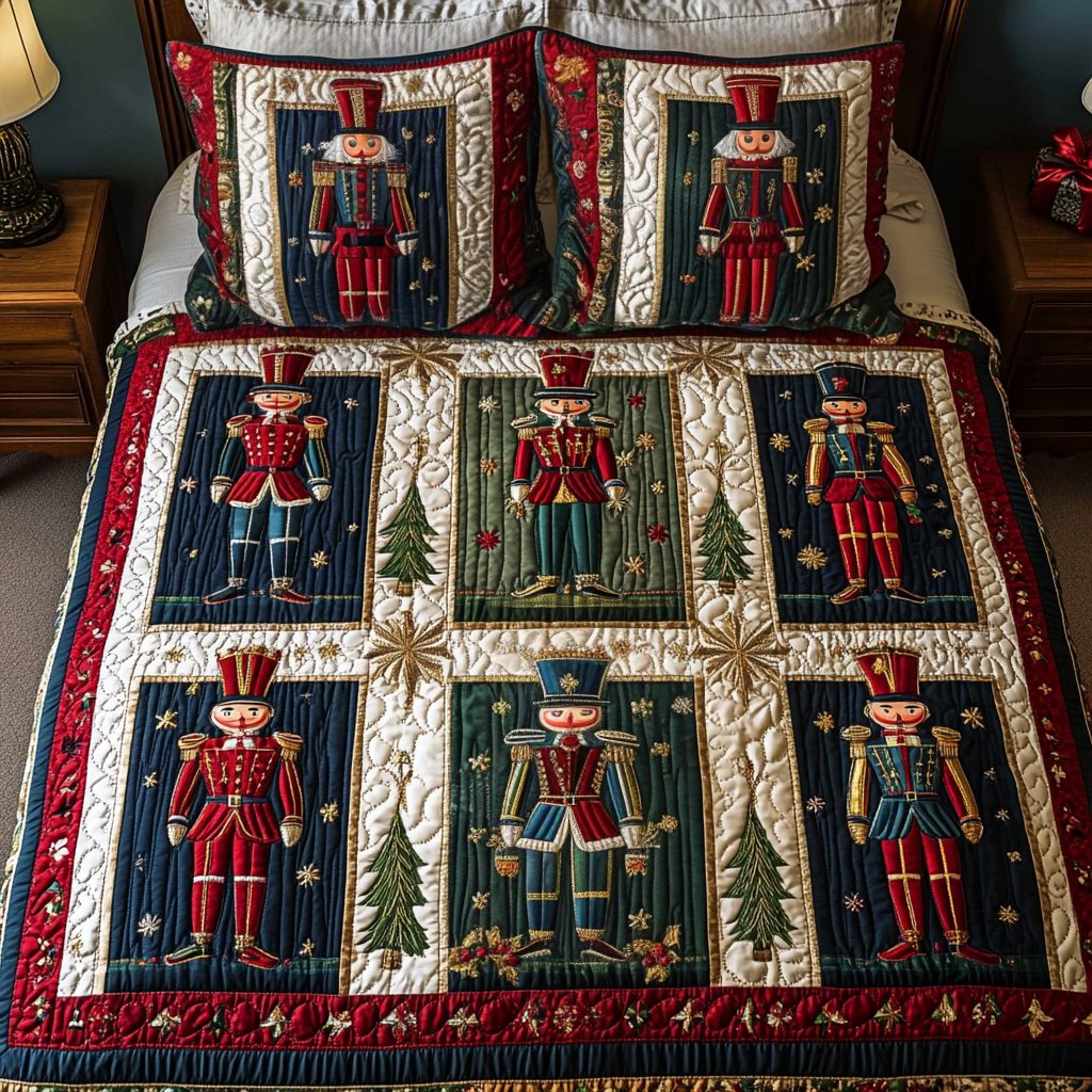 Winter Sentinel quilted 3-piece bedding set on a made bed in a winter-styled bedroom