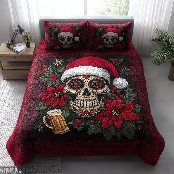 Winter Skull Bloom quilted 3-piece bedding set on a made bed in a winter-styled bedroom