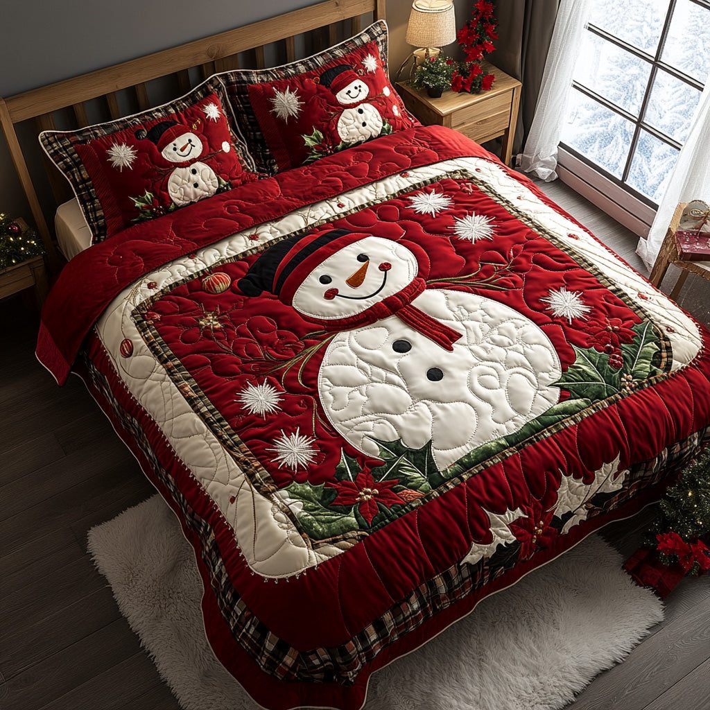 Winter Smile quilted 3-piece bedding set on a made bed in a winter-styled bedroom