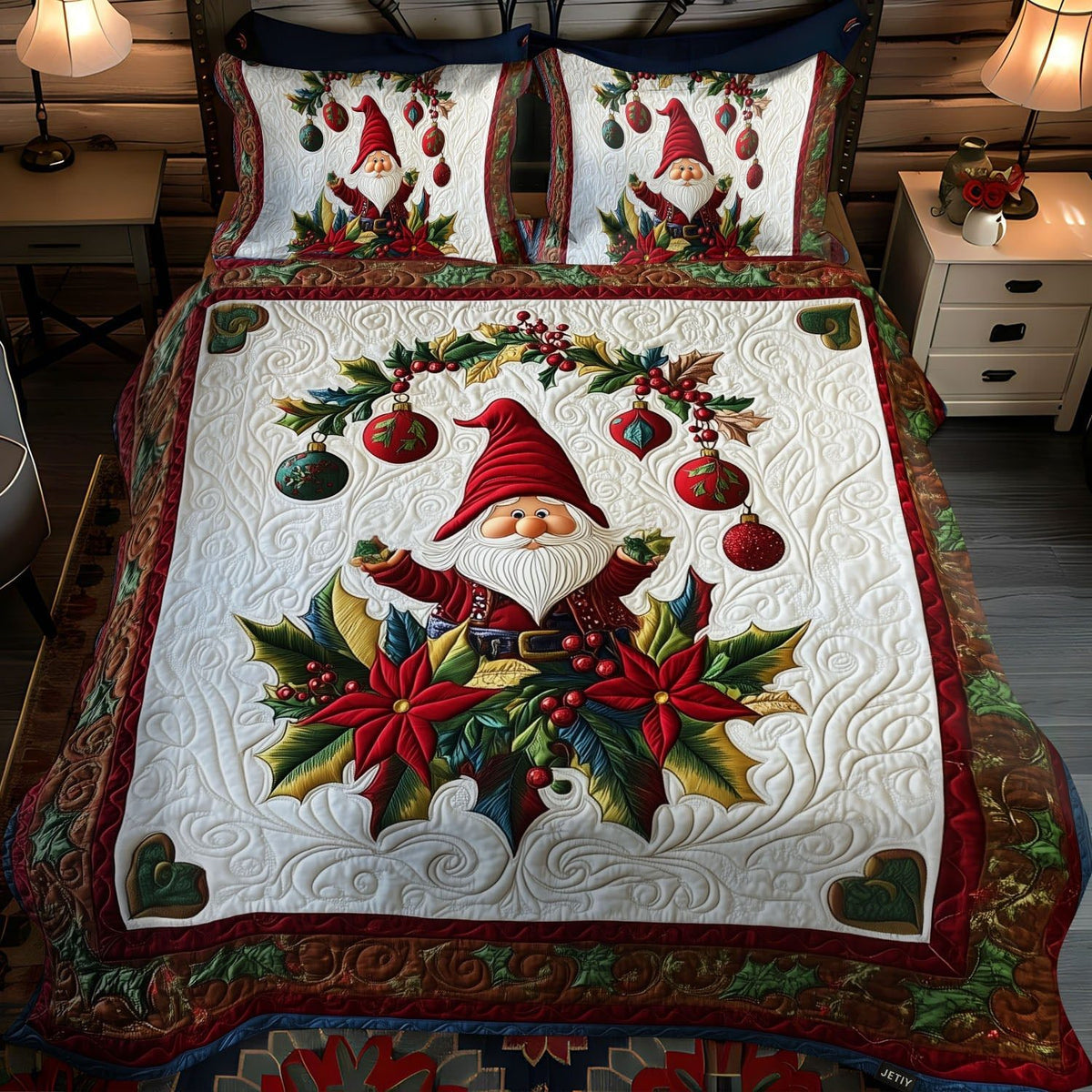 Winter Smiles quilted 3-piece bedding set on a made bed in a winter-styled bedroom