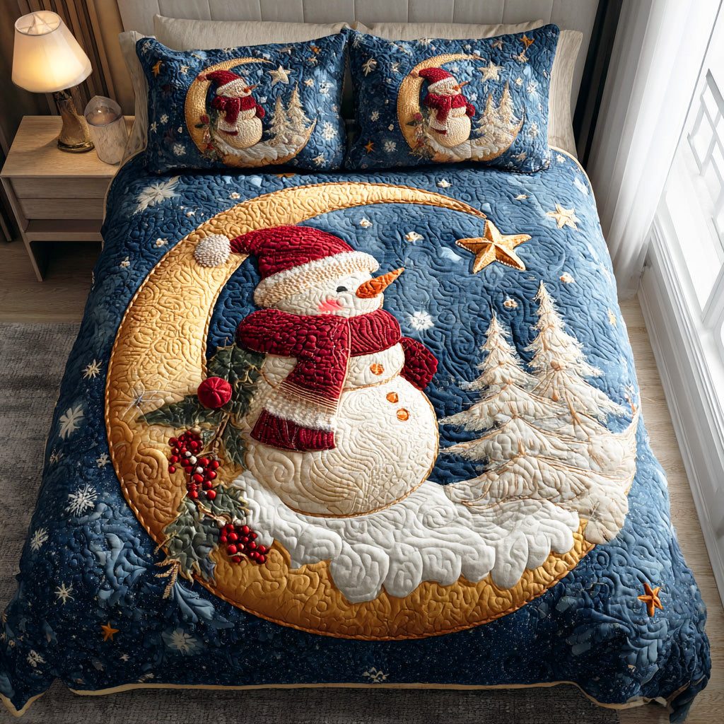 Winter Snow Parade quilted 3-piece bedding set on a made bed in a winter-styled bedroom