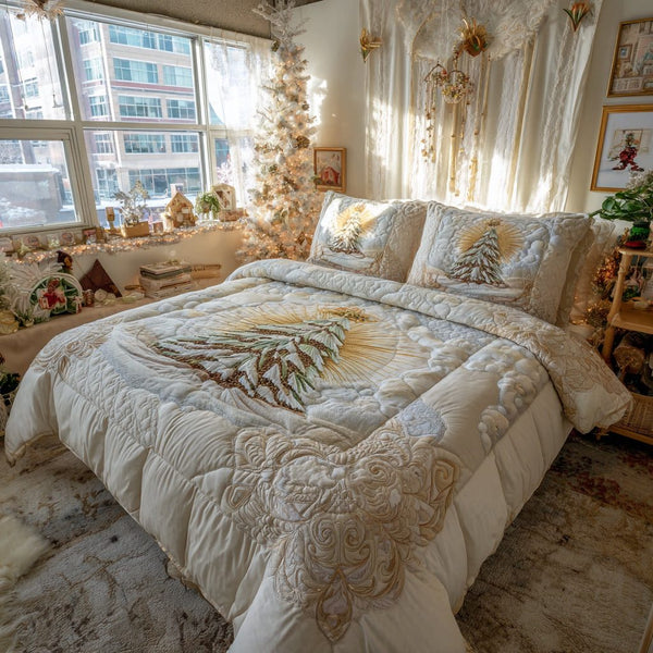 Winter Solace quilted 3-piece bedding set on a made bed in a winter-styled bedroom