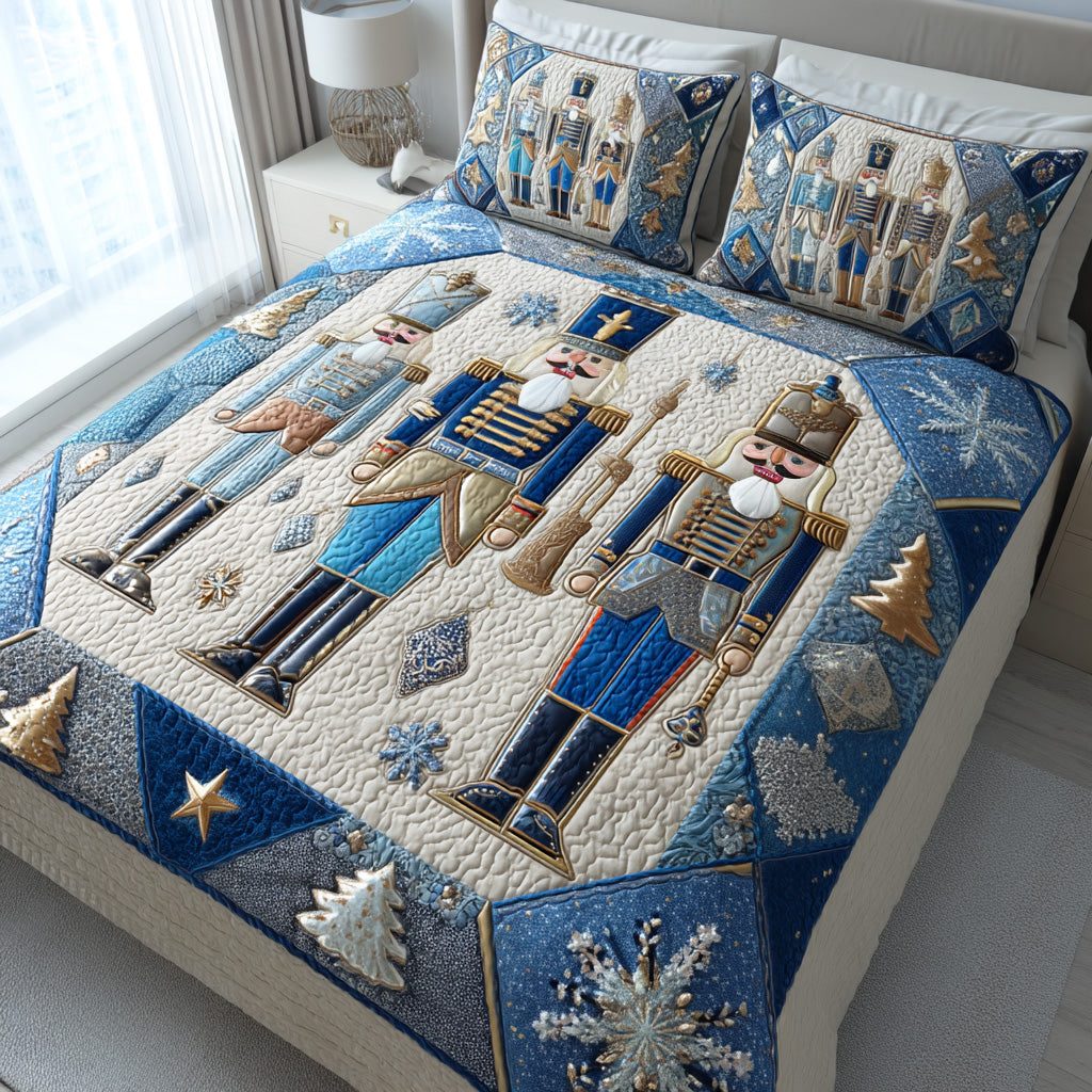 Winter Soldier quilted 3-piece bedding set on a made bed in a winter-styled bedroom