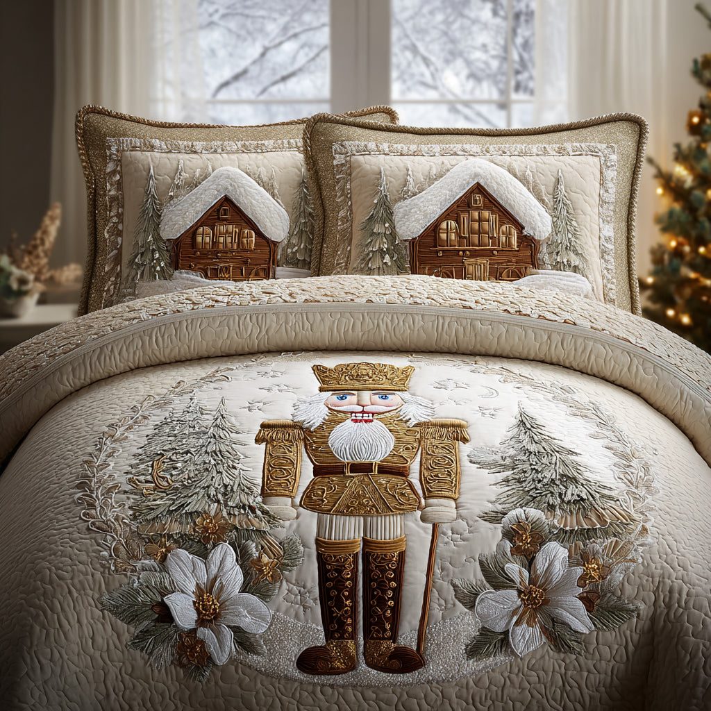 Winter Soldiers quilted 3-piece bedding set on a made bed in a winter-styled bedroom