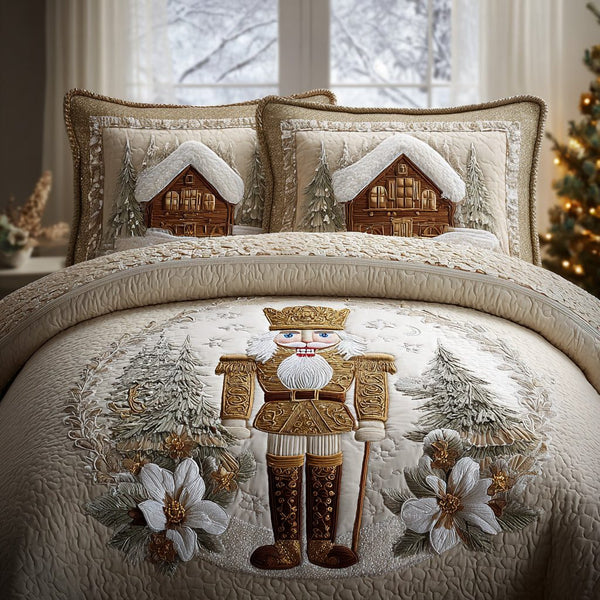Winter Soldiers quilted 3-piece bedding set on a made bed in a winter-styled bedroom