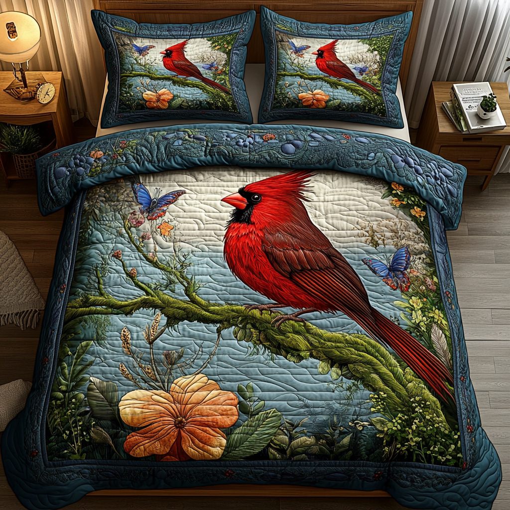 Winter Songbird quilted 3-piece bedding set on a made bed in a winter-styled bedroom