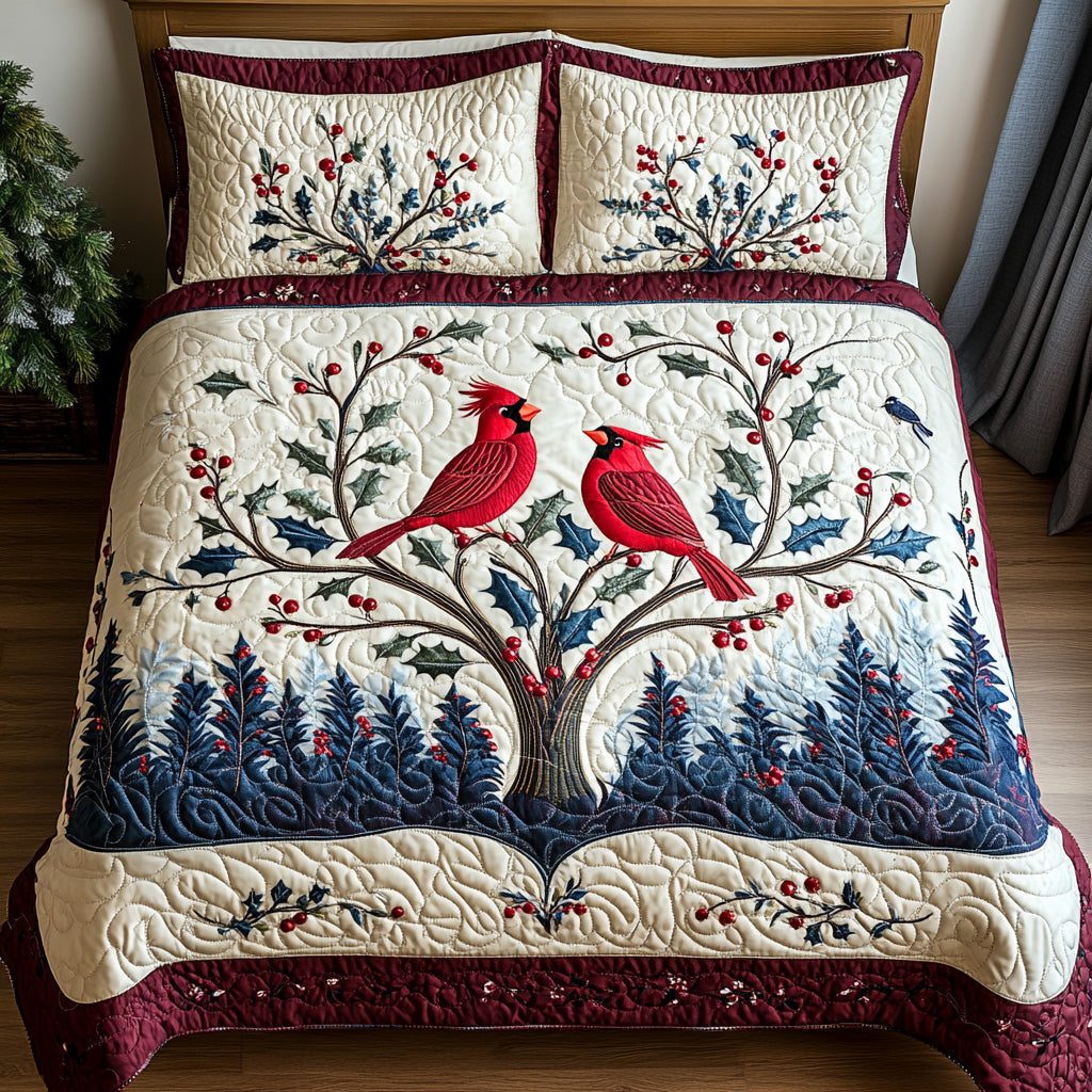Winter Songbirds quilted 3-piece bedding set on a made bed in a winter-styled bedroom