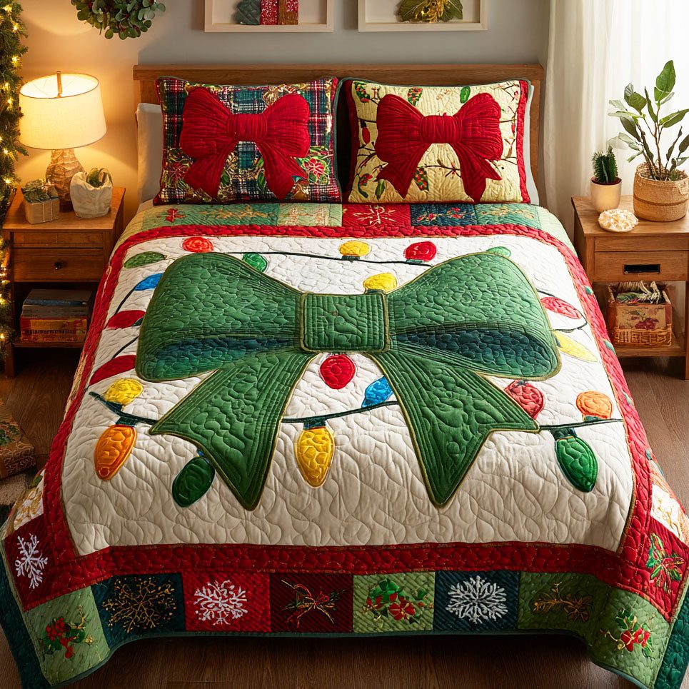 Winter Spark quilted 3-piece bedding set on a made bed in a winter-styled bedroom