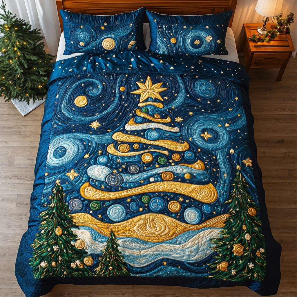 Winter Sparkle quilted 3-piece bedding set on a made bed in a winter-styled bedroom