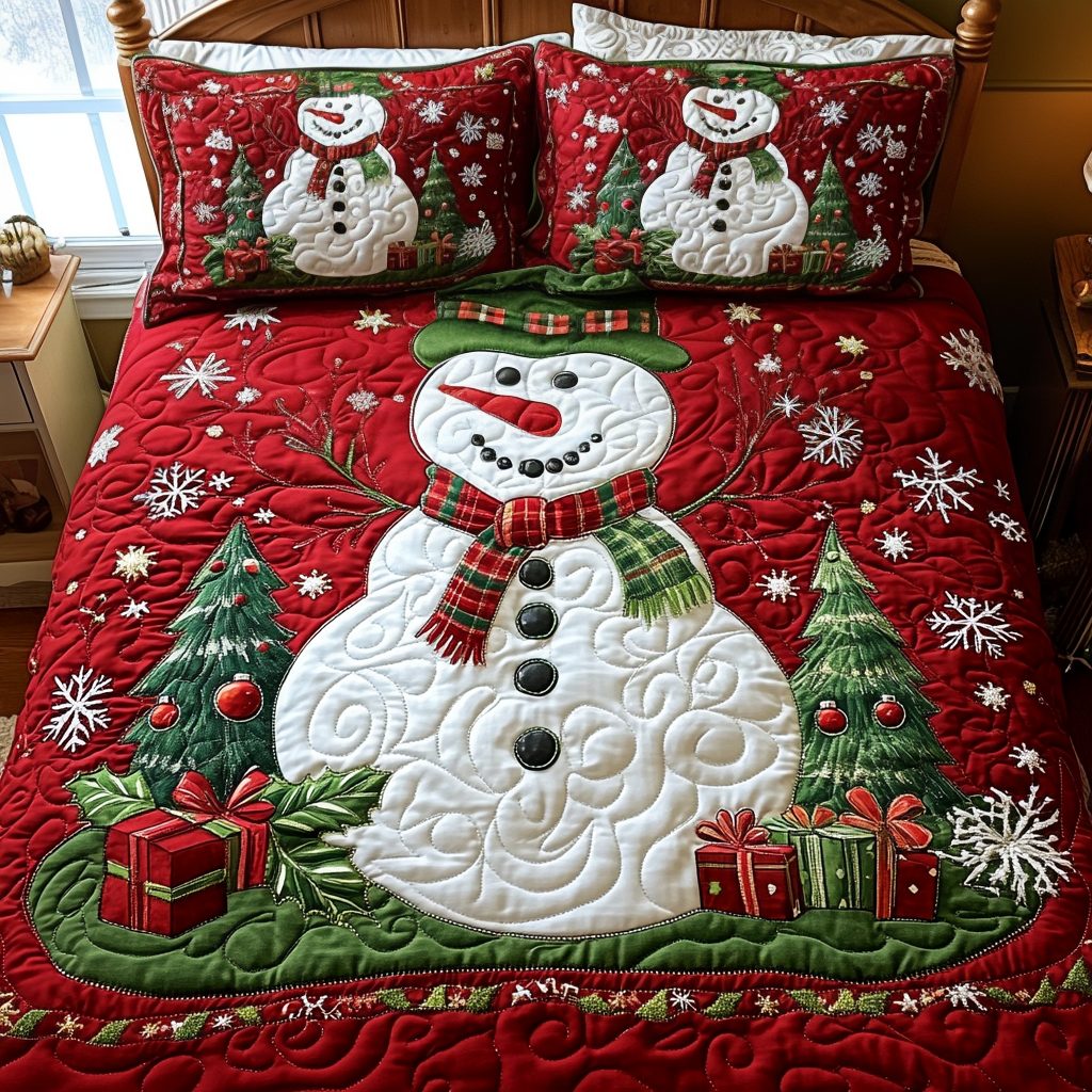 Winter Sparkle quilted 3-piece bedding set on a made bed in a winter-styled bedroom
