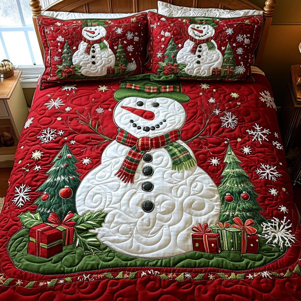 Winter Sparkle quilted 3-piece bedding set on a made bed in a winter-styled bedroom