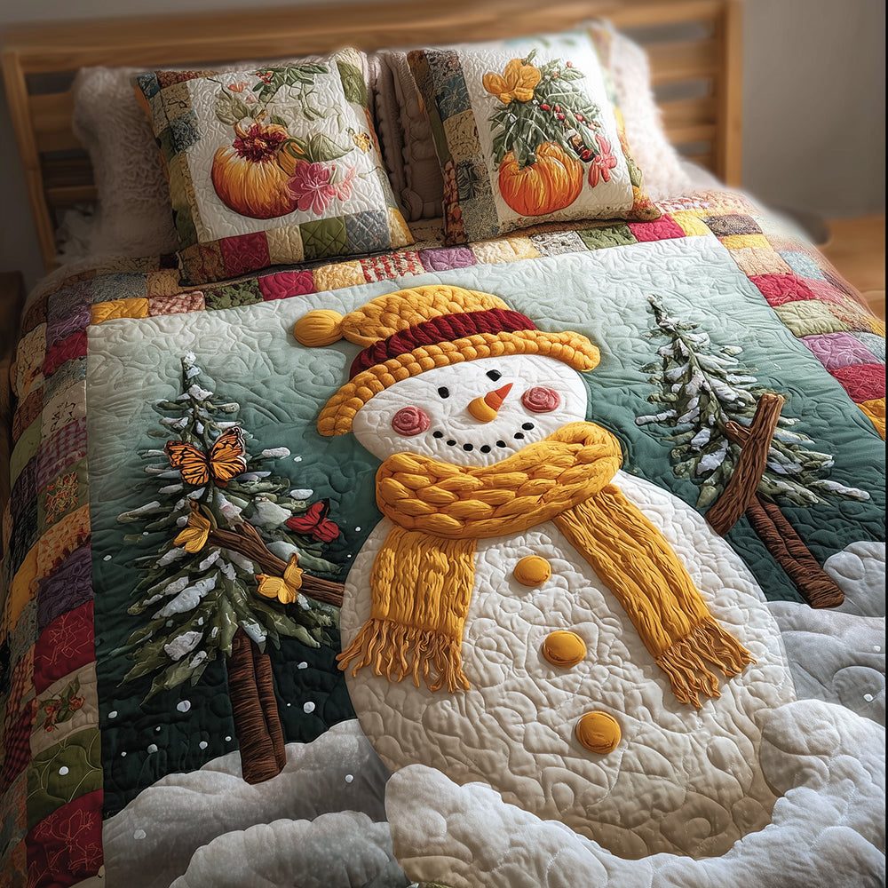 Winter Spirit quilted 3-piece bedding set on a made bed in a winter-styled bedroom