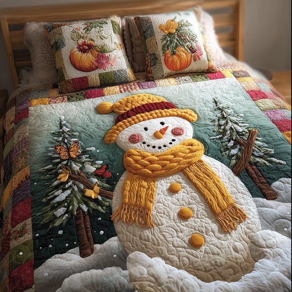 Winter Spirit quilted 3-piece bedding set on a made bed in a winter-styled bedroom