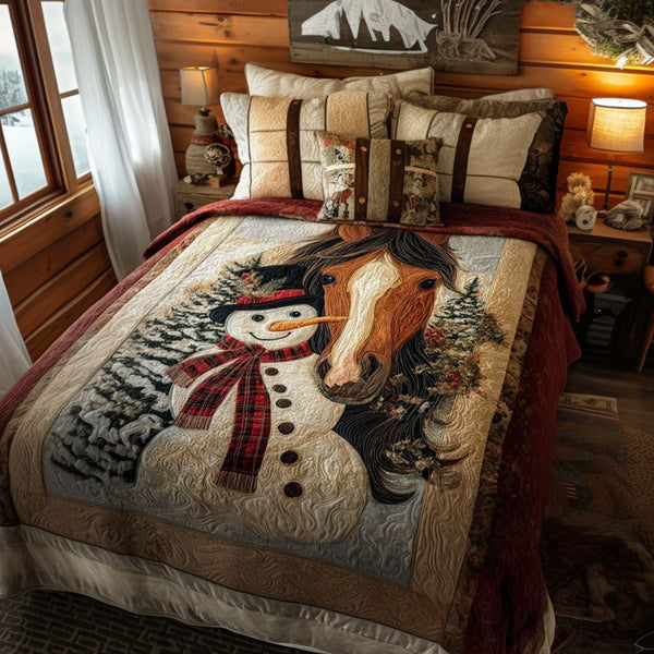 Winter Stable quilted 3-piece bedding set on a made bed in a winter-styled bedroom
