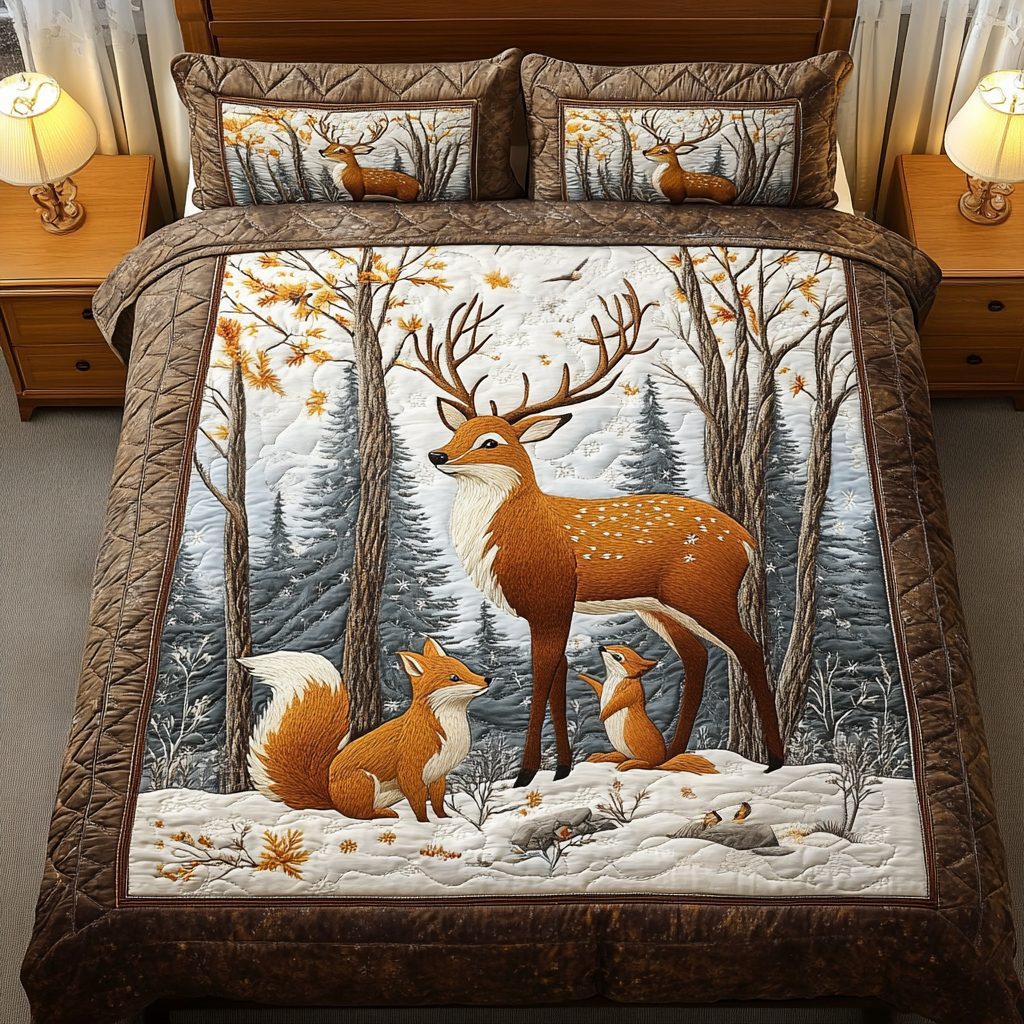 Winter Stag Family quilted 3-piece bedding set on a made bed in a winter-styled bedroom