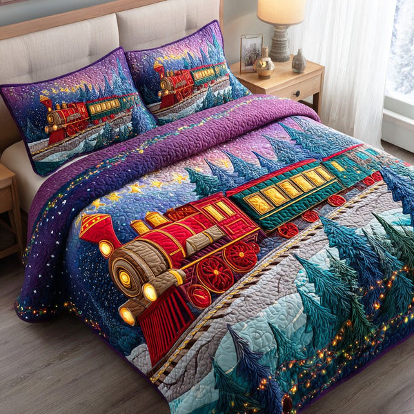 Winter Station Magic quilted 3-piece bedding set on a made bed in a winter-styled bedroom