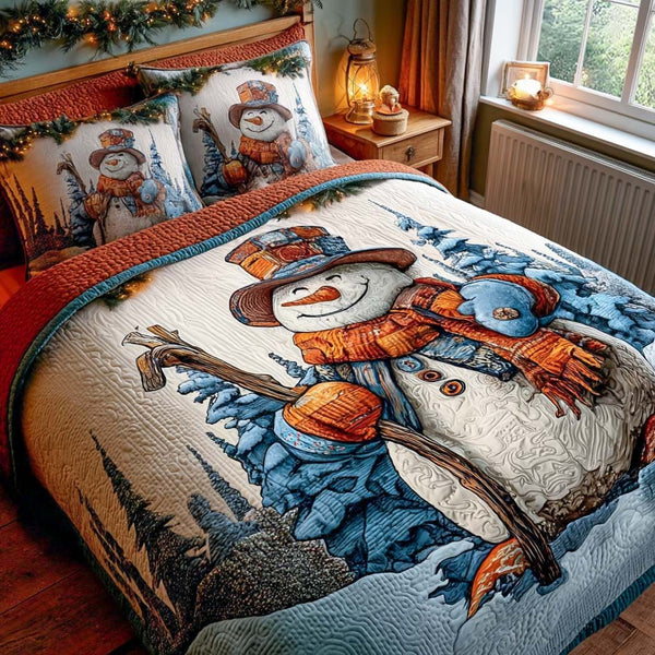 Winter Stroll quilted 3-piece bedding set on a made bed in a winter-styled bedroom