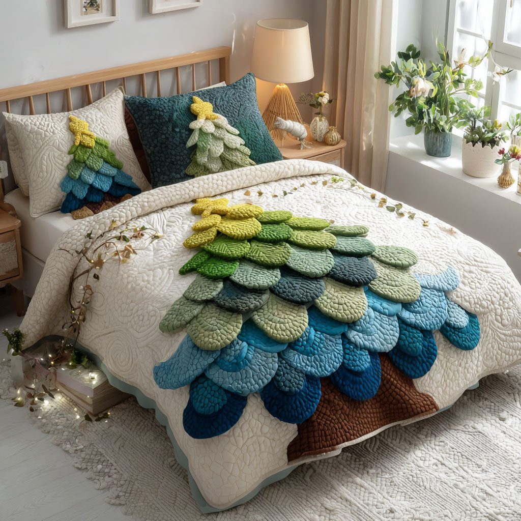 Winter Tide Bliss quilted 3-piece bedding set on a made bed in a winter-styled bedroom