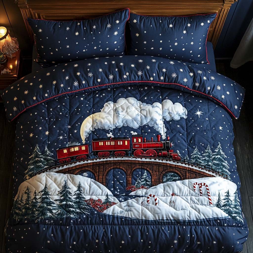 Winter Train Nightscape quilted 3-piece bedding set on a made bed in a winter-styled bedroom