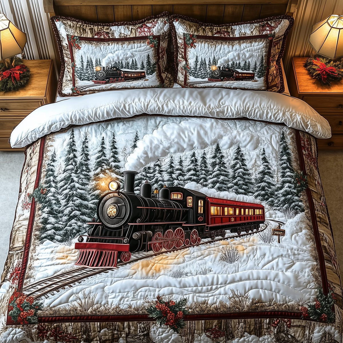 Winter Train quilted 3-piece bedding set on a made bed in a winter-styled bedroom
