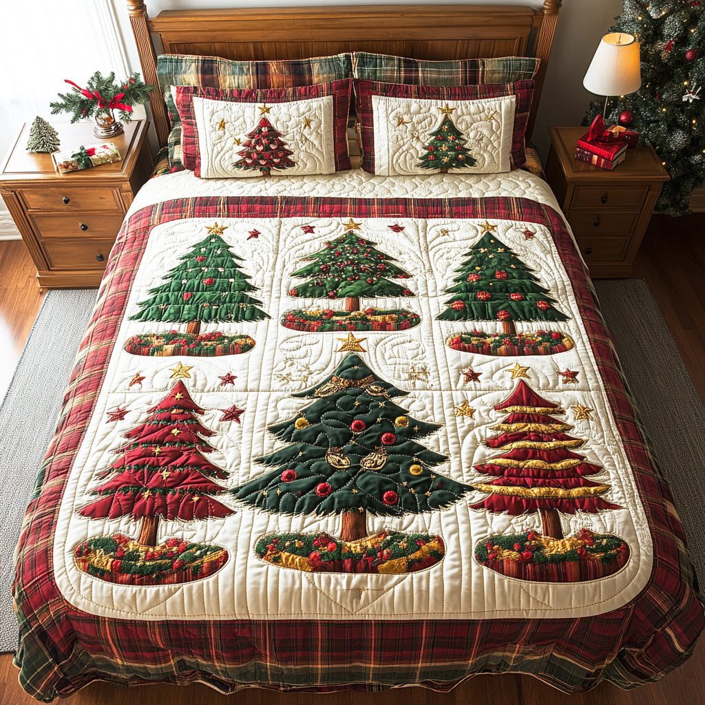 Winter Tree quilted 3-piece bedding set on a made bed in a winter-styled bedroom