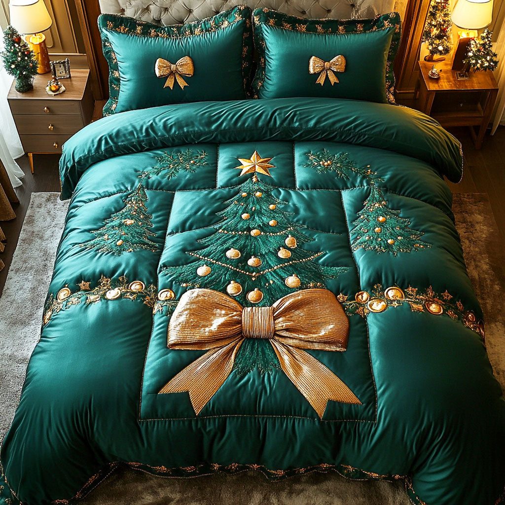 Winter Tree quilted 3-piece bedding set on a made bed in a winter-styled bedroom