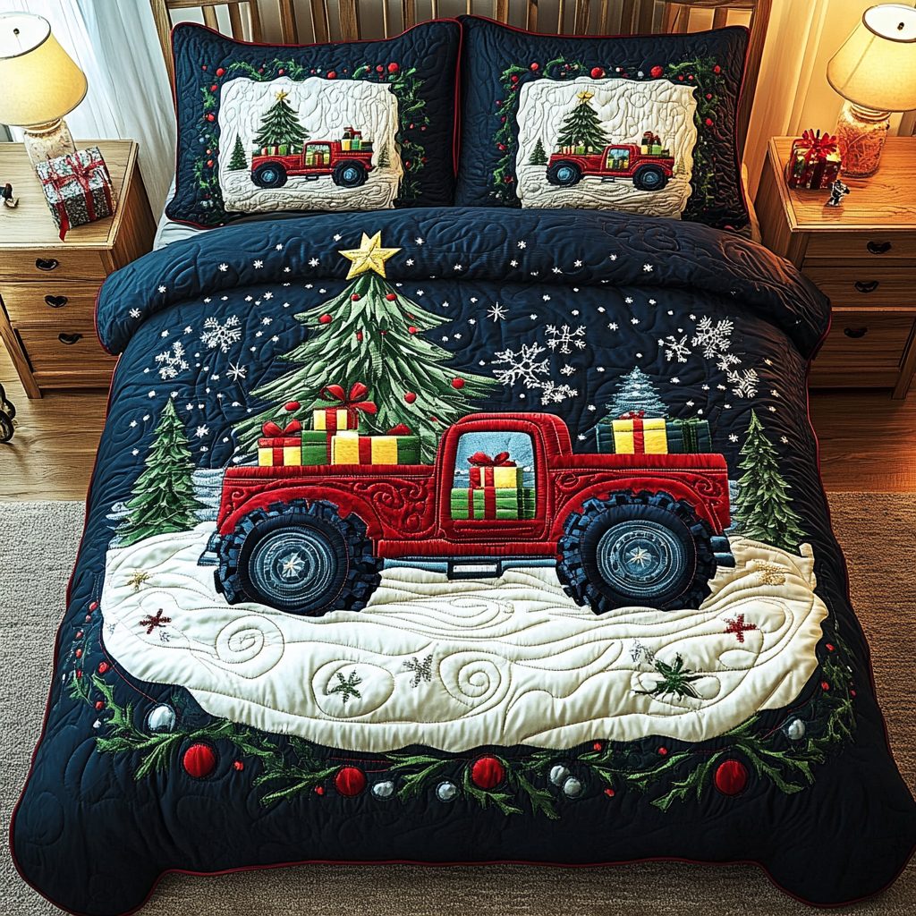 Winter Truck Rally quilted 3-piece bedding set on a made bed in a winter-styled bedroom