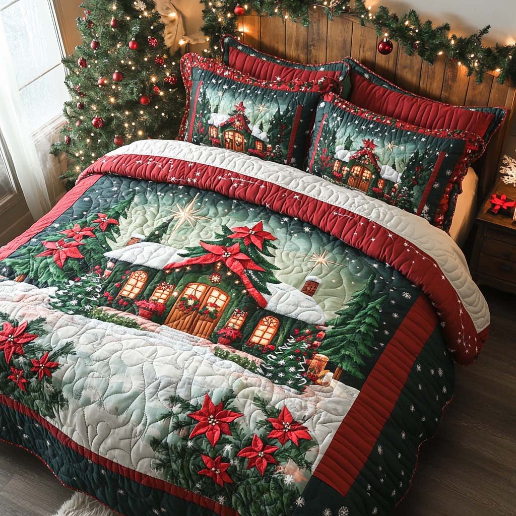 Winter Village Glow quilted 3-piece bedding set on a made bed in a winter-styled bedroom