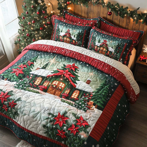 Winter Village Glow quilted 3-piece bedding set on a made bed in a winter-styled bedroom
