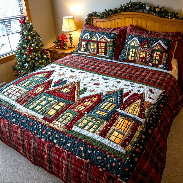 Winter Village Magic quilted 3-piece bedding set on a made bed in a winter-styled bedroom