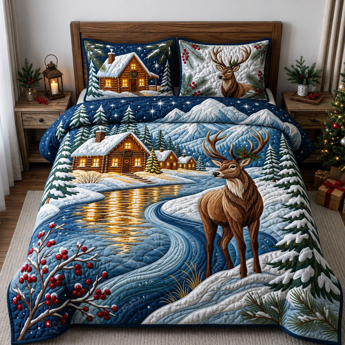 Winter Village quilted 3-piece bedding set on a made bed in a winter-styled bedroom