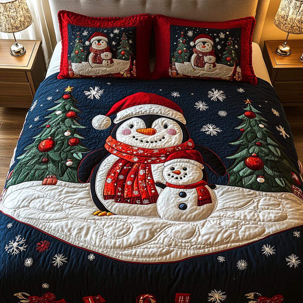Winter Waddle quilted 3-piece bedding set on a made bed in a winter-styled bedroom
