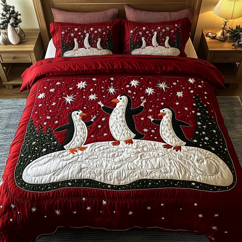 Winter Waddle quilted 3-piece bedding set on a made bed in a winter-styled bedroom